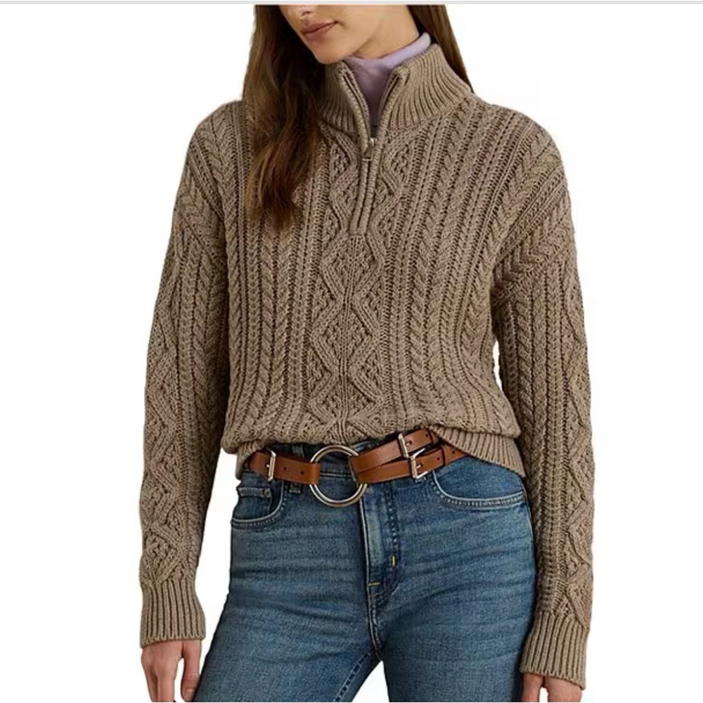 Ralph Lauren Taupe Cable Knit Turtleneck Sweater